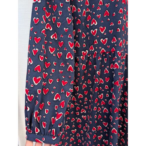 Pop Sugar Women’s Long Sleeve Mini Dress Sz L Puff Sleeve Navy Red Hearts - Picture 2 of 9